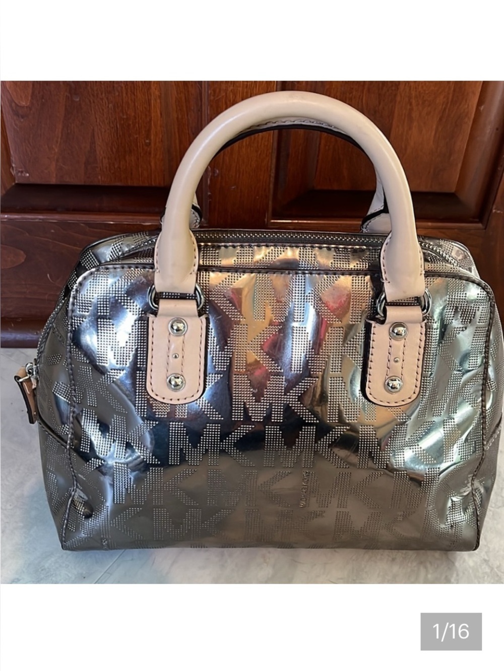 Michael Kors  NYE bag  mirror, Metallic silver satchel  Beige leather trim EUC